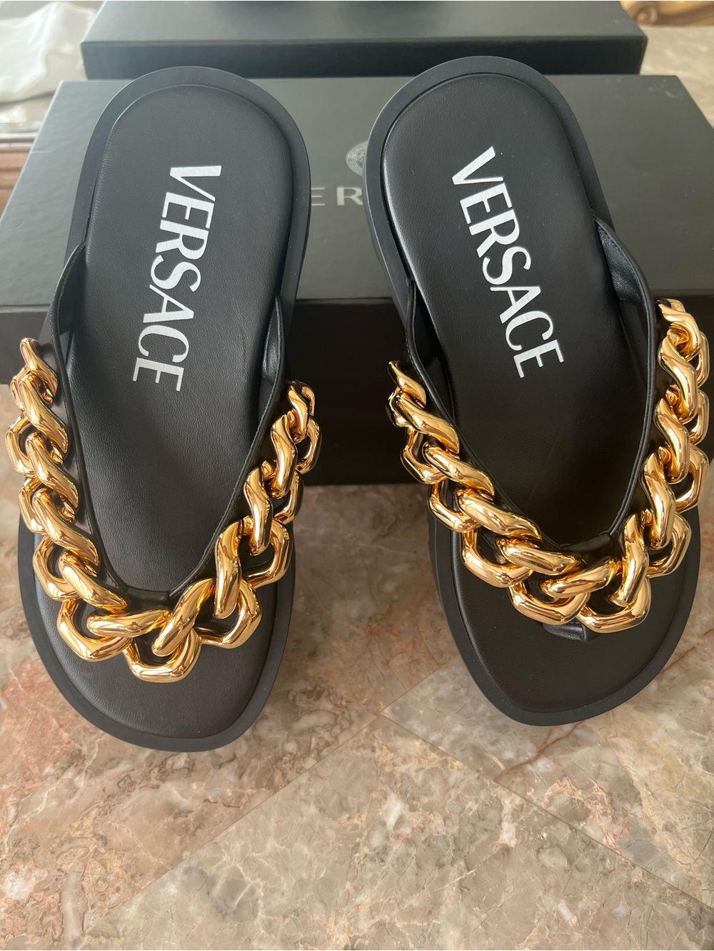 Versace Black Slides with Oversized Gold Chain Accent
